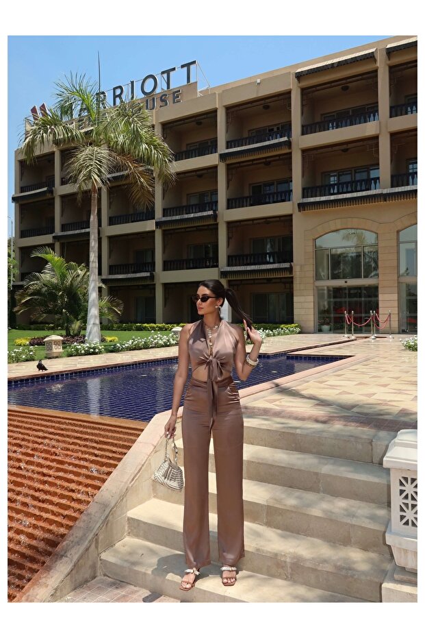 Eh Collection Satin Crop Set with Tie-Up Detail