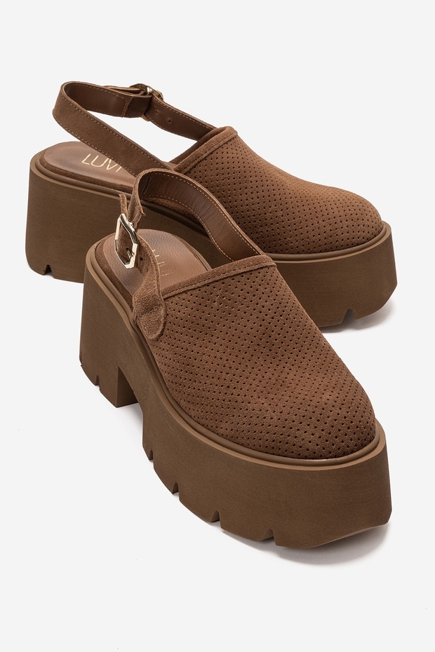 Caldris Tan Suede Genuine Leather Closed-Front Thick-Soled Women's Sandals