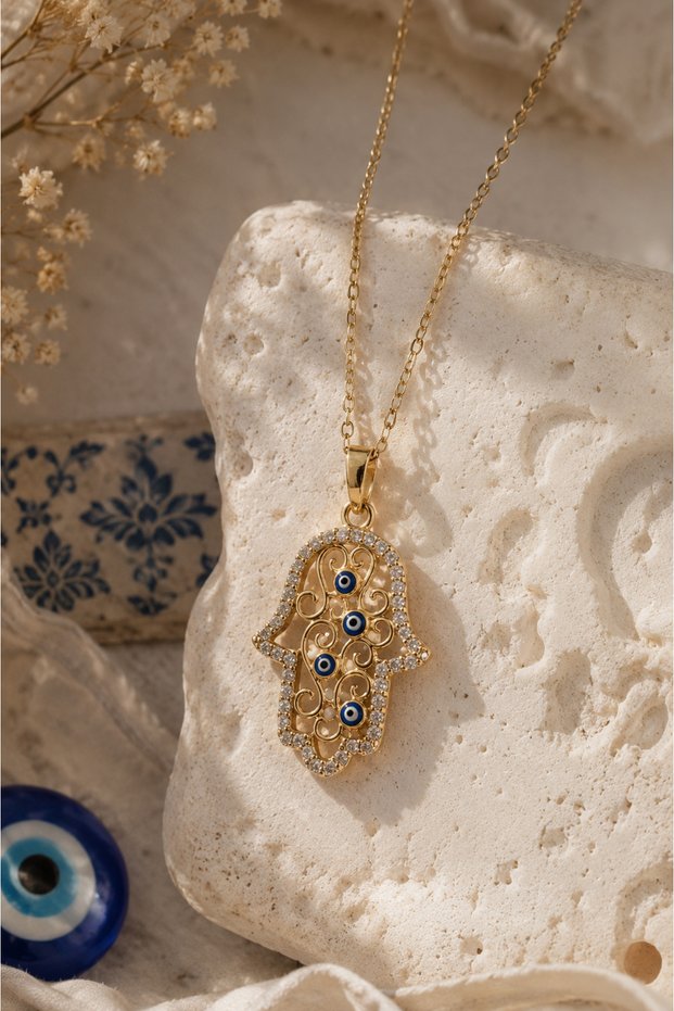 Hamsa Evil Eye Steel Necklace (Gold Color)