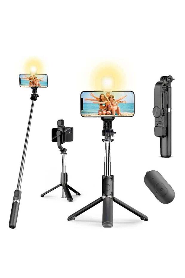 4 in 1 Lighted Selfie Stick With Tripod, Bluetooth Remote, 3 Light Modes & 6 Brightness Level,360° Rotation, Portable Floor Desktop Tripod, For iPhones & Android, For Broadcast, Black
