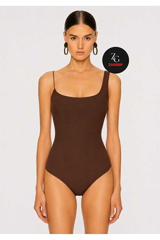 Women's Coffee Color Spaghetti Elastic Asymmetric Collar Silk Jersey Body