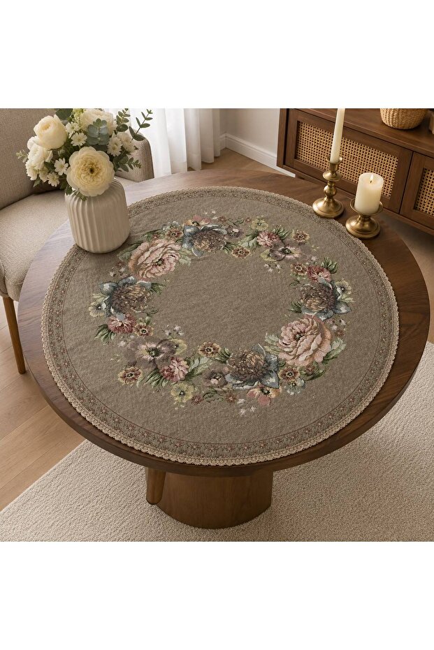 Vintage Bouquet 95 cm Round Chenille Tapestry Coffee Table Cover