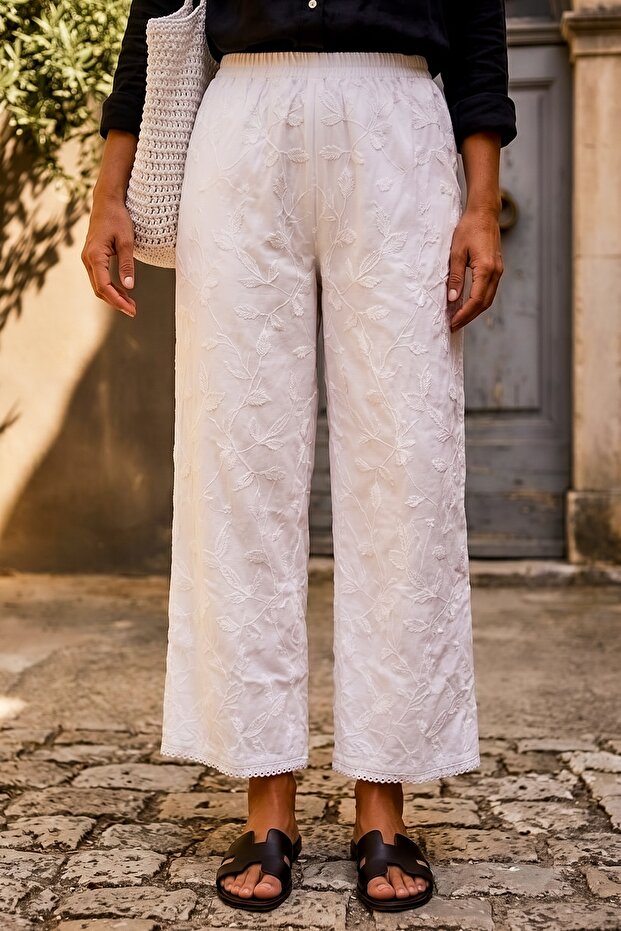 White Lined Embroidered Elastic Waist Casual Organza Fabric Woven Trousers 103 65