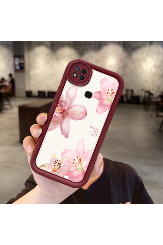 Xiaomi Redmi 10A Compatible Case Camera Protector Claret Red Silicone Couple Phone Case Floral Pattern
