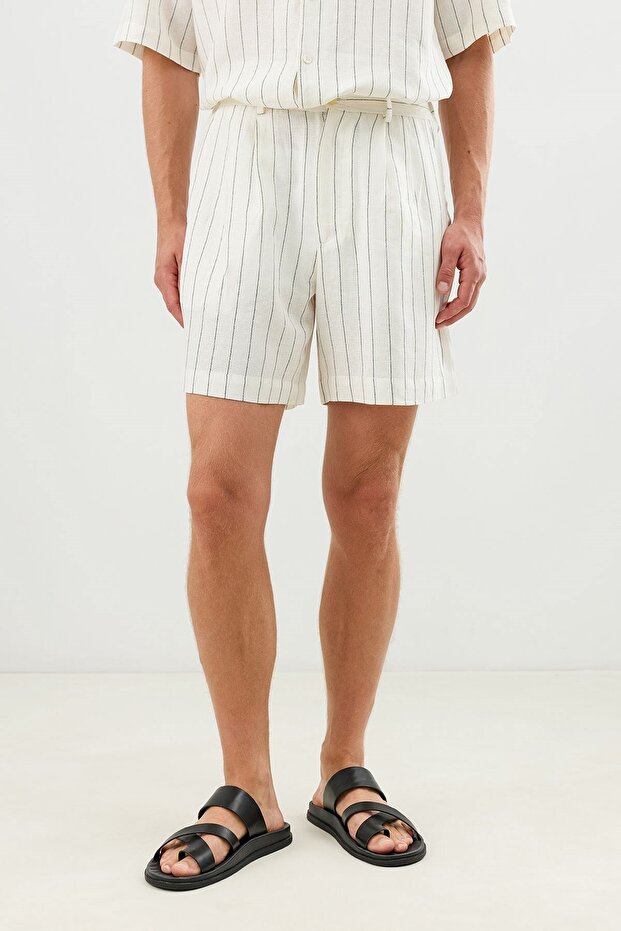 Ecru Linen Blend Striped Pleated Shorts