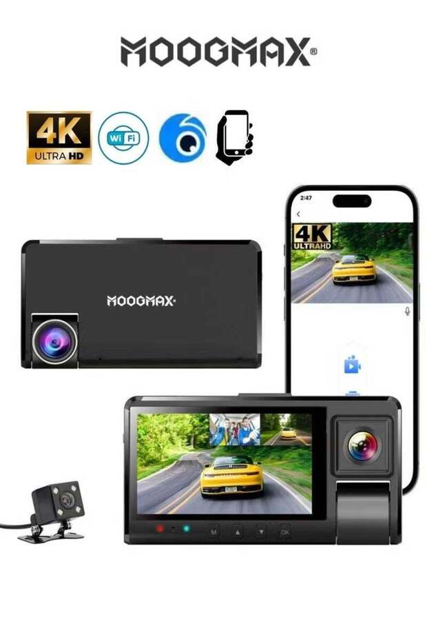 4K Ultra HD Dash Cam with 3 Lenses (Front, Rear, Interior) and WiFi App Control