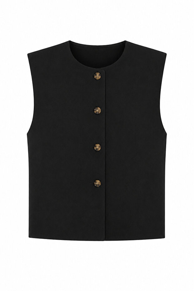 Linen Blend Buttoned Black Vest
