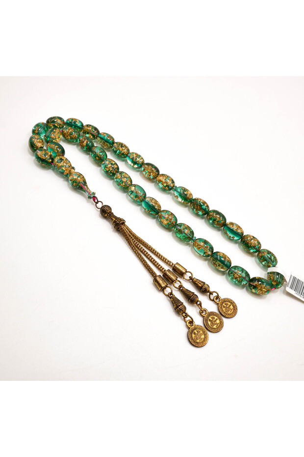 Epoxy Gold Flake Rosary 33 Beads 9x12mm Emerald Green Prayer Beads Tasbih 36g Gold-Tone Chain Tassel