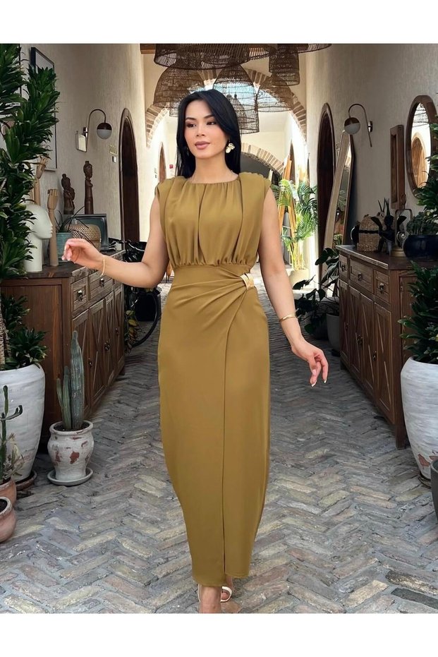 Oil Green Waist Detailed Long Dress - Fitted Cut