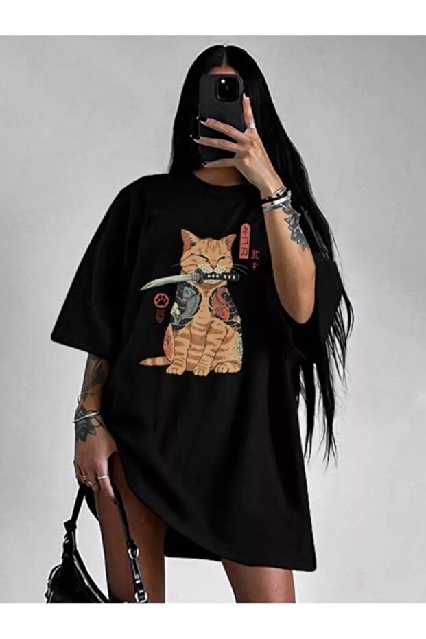 Black Modern Design Printed Oversize Women's Tunic T-Shirt