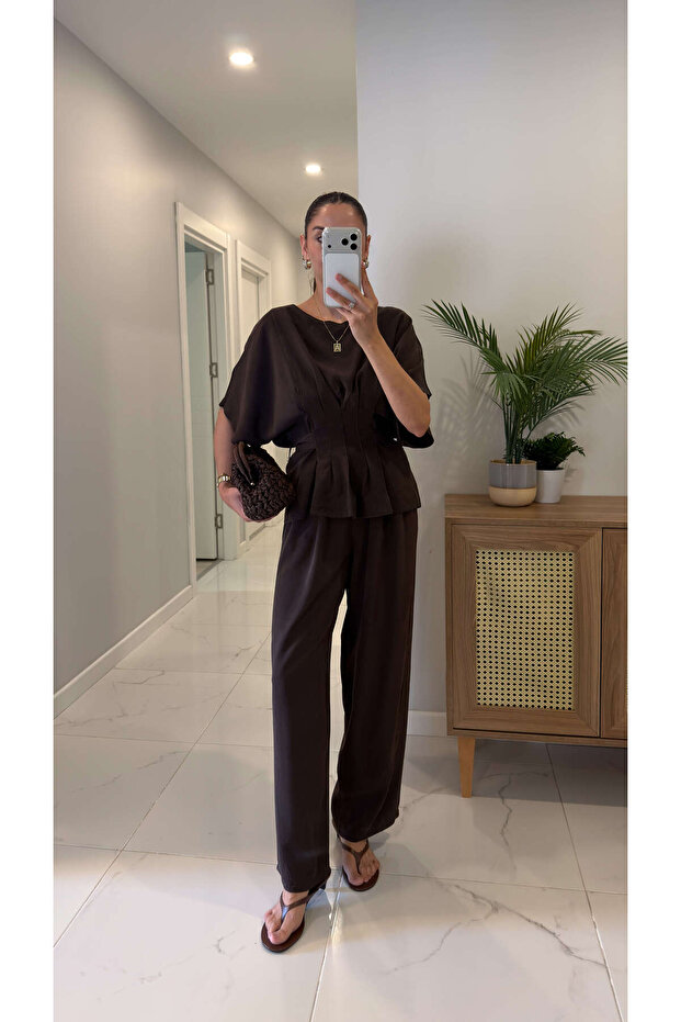 Yedwy Acı Kahve Casual Blouse and Pants Set
