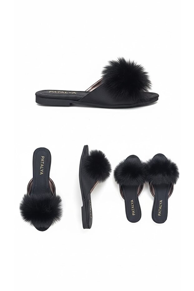 Black Goose Feather Heelless Women's Slippers 615