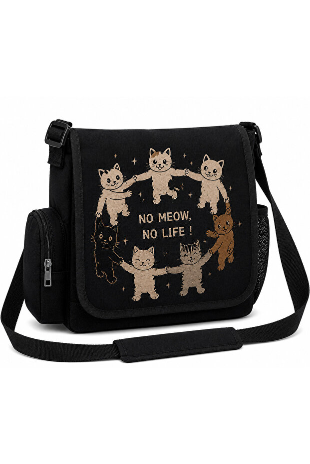 Cat Printed Unisex Black Messenger Bag Voluminous Postman Bag/ Laptop Bag/ School Bag