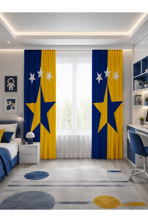 Fan Yellow Navy Blue Double Winged Children's Room Background Curtain