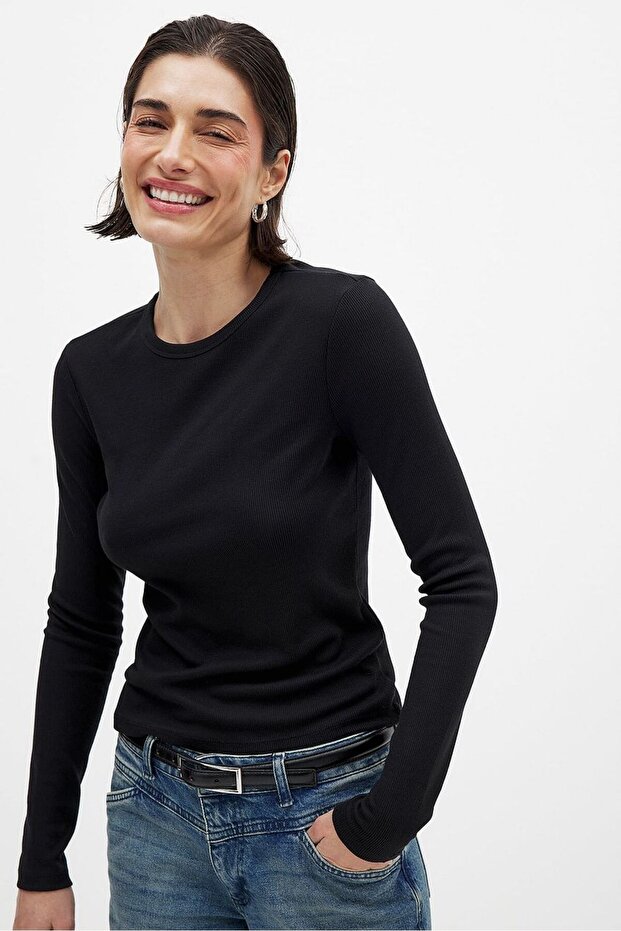 Women'S, Black Color, Long Sleeve Crew Neck T-Shirt & Blouse Camisole Ribbed