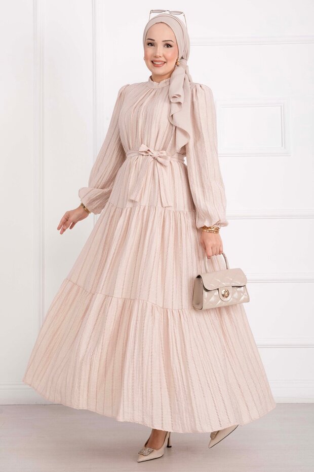 Belted Layered Dress Beige