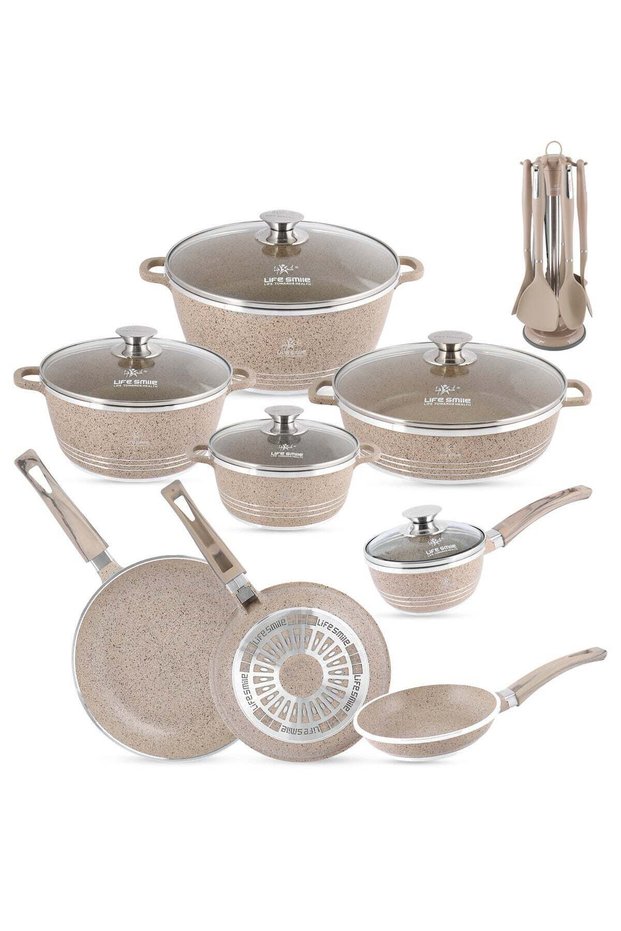 Life Smile 20Pcs Granite Cookware Set – Non stick Cookwares, Oven-Safe Pots and Pans Includes, 20/24/28cm Casseroles with lid, 28cm Shallow Pot with lid,16cm Saucepan with lid,20/24/28cm