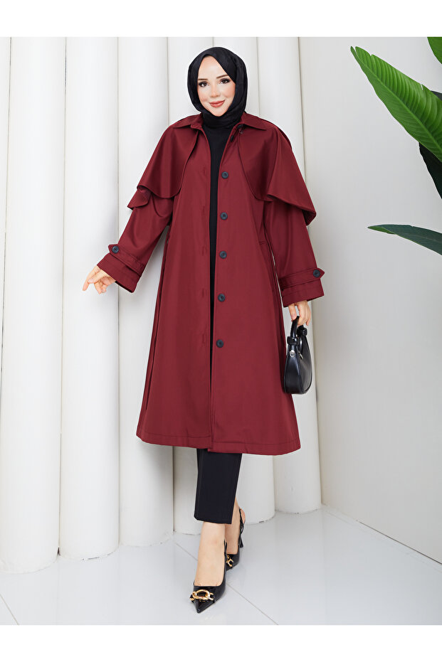 Cape-Covered Buttoned Belted Hijab Trench Coat Rc3142