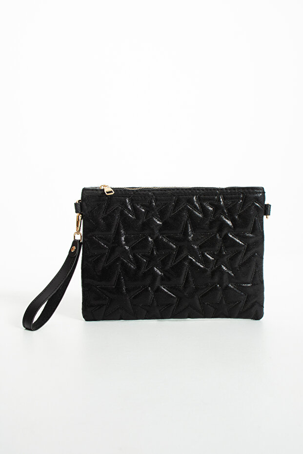 Star Embroidered Portfolio Handbag with Chain and Wrist Strap, Satin Lined Clutch Bag