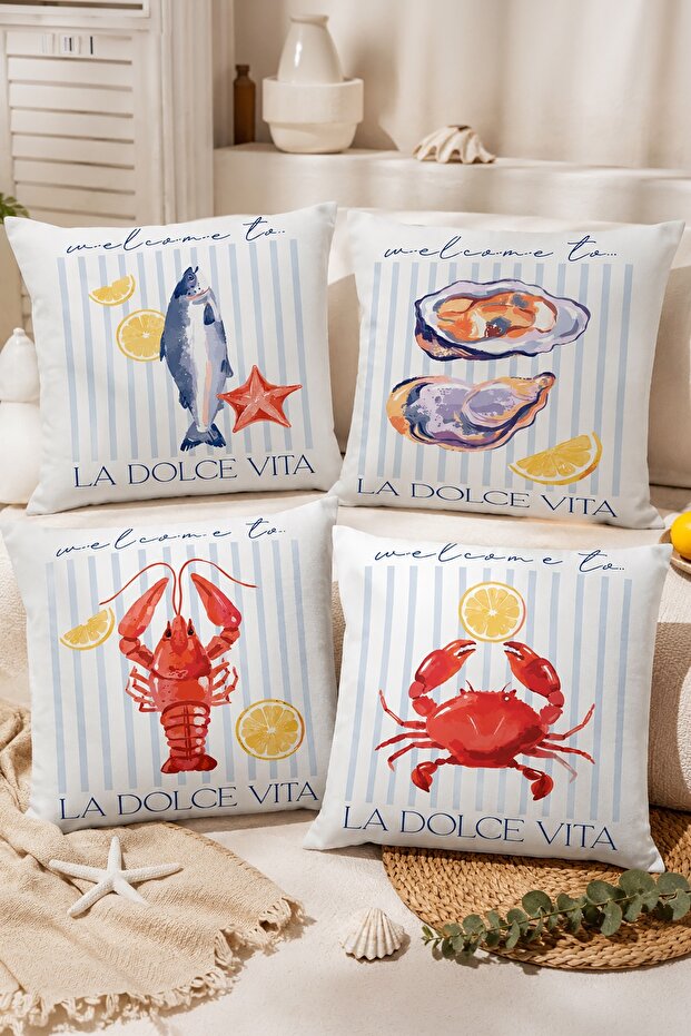 Sea Creatures Patterned 4-Piece Throw Pillow Cover Set