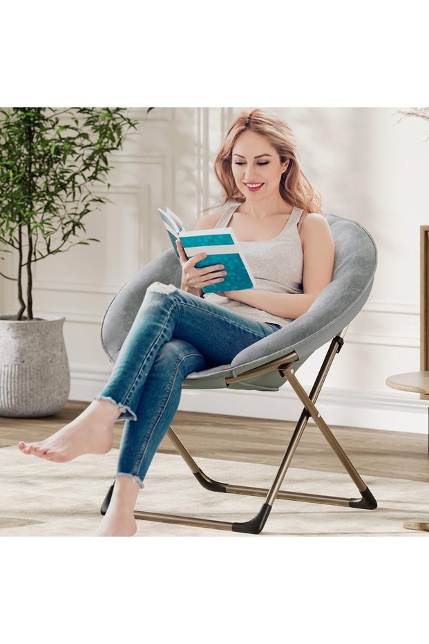 Folding Saucer Chair - Faux Fur Soft and Comfortable - Ideal for Bedroom, Living Room, Dormitory - Sturdy Frame - Suitable for Adults, Teens and Children