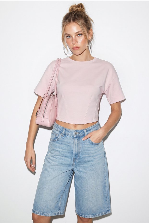 Women's Candy Pink Crew Neck Corsage Crop Blouse with Stitching Detail Öb261040 60286436