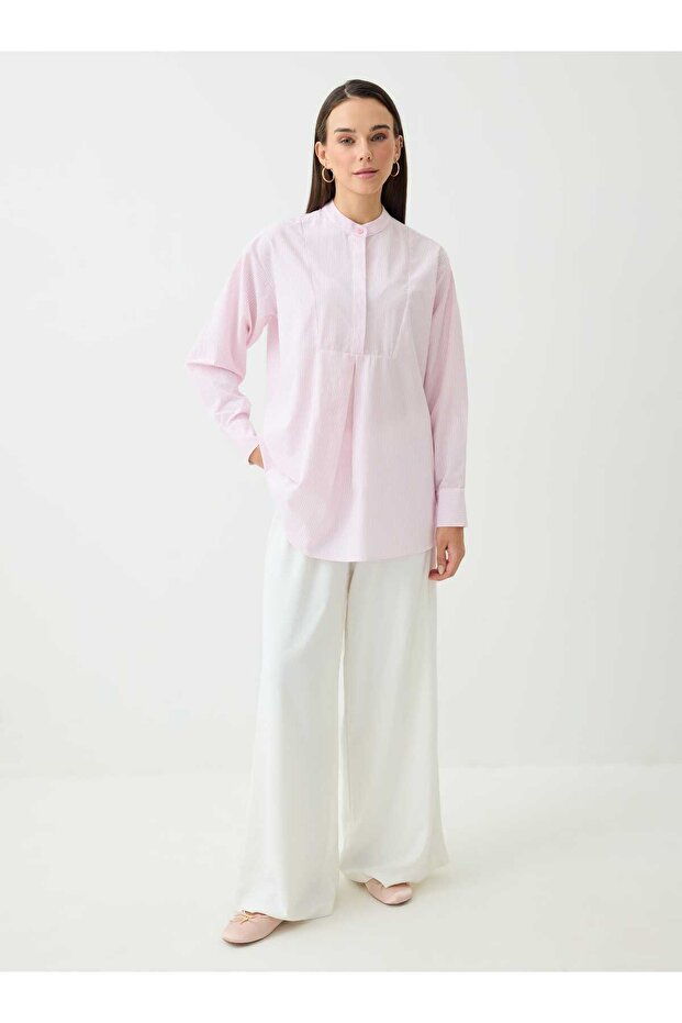 Hakim Collar Button Detailed Striped Blouse / Shirt - Pink Striped