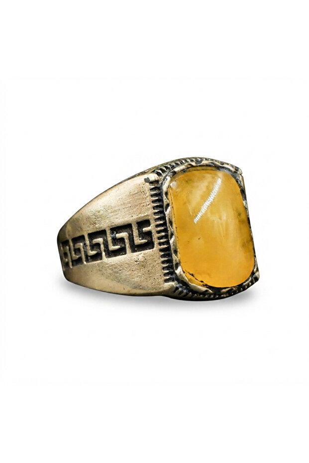 925 Sterling Silver Men's Natural Amber Ring 10.75x23mm Honey Yellow Rectangular Cabochon 6g