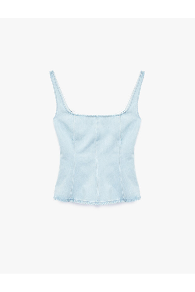 Cotton Square Collar Sleeveless Zipper Detailed Slim Fit Jean Blouse