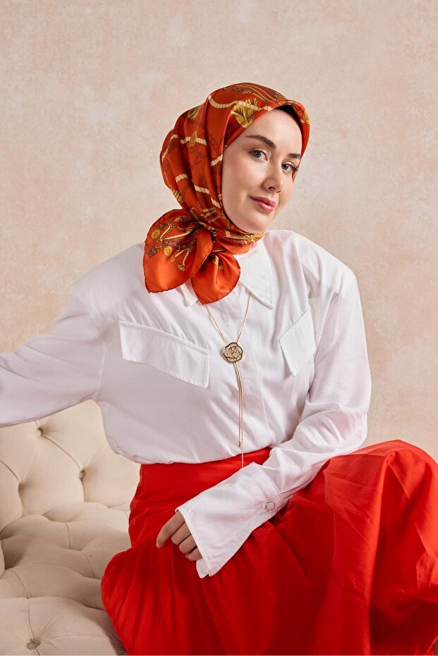 Twill Silk Detailed Belt Scarf Dark Orange 90X90