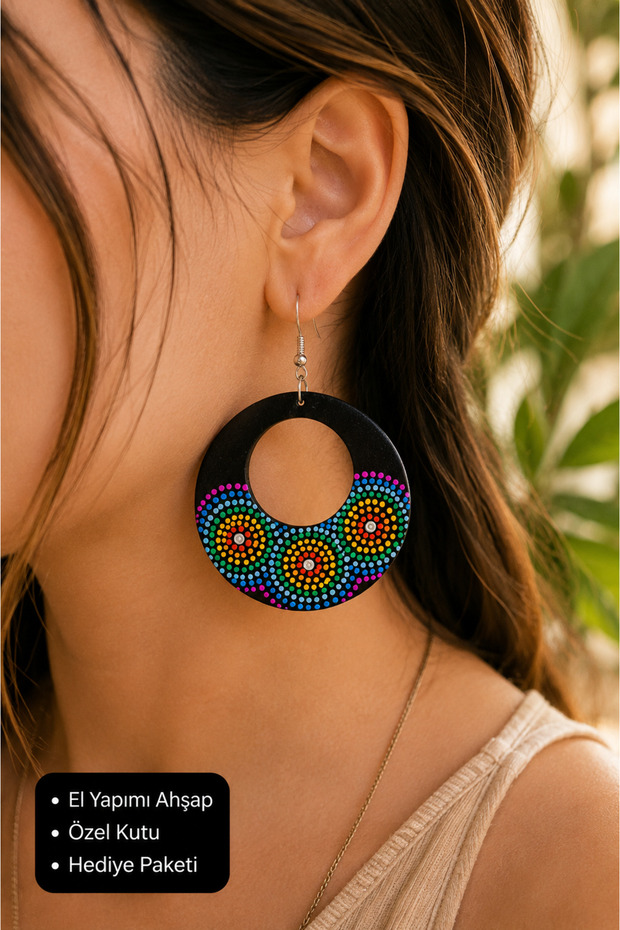 Handmade Wooden Mandala Pattern Bohemian Round Women's Earrings – Colorful Dot Art