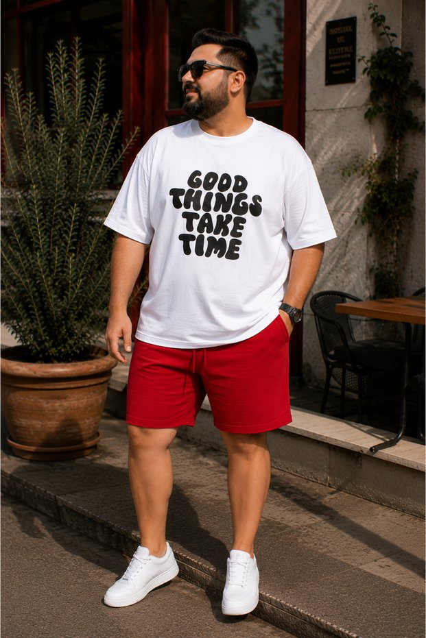 Plus Size Women Men Oversize Shorts Set Good Things Take Time Printed Cotton 2-Piece Summer Casual Unisex Tracksuit XL 2XL 3XL 4XL 5XL 6XL 7XL 8XL