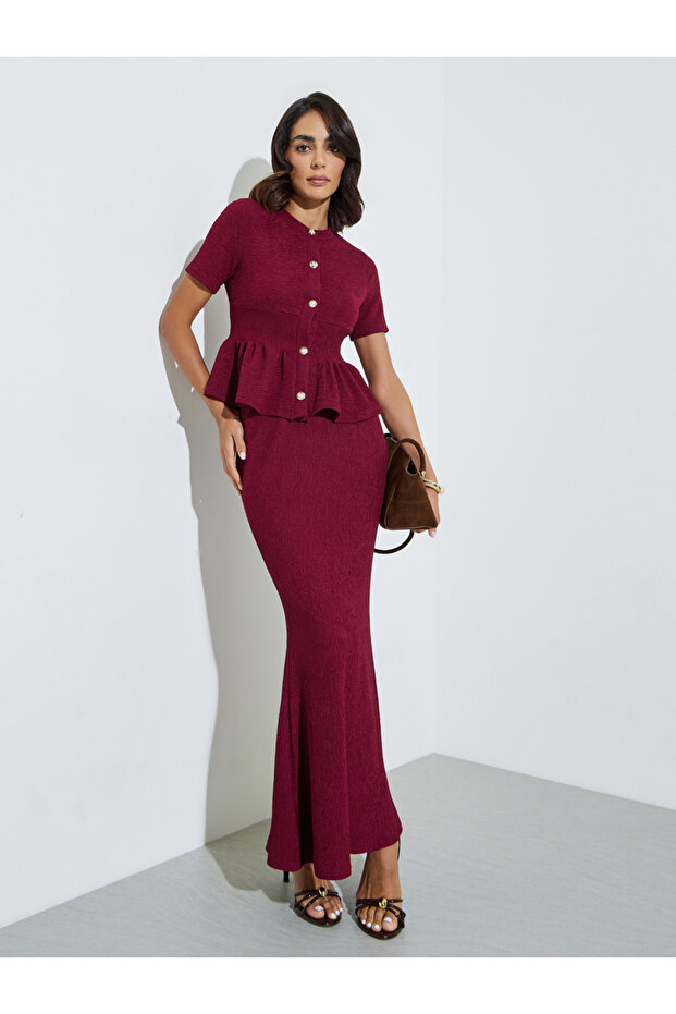 Burgundy Textured Pencil Maxi Skirt