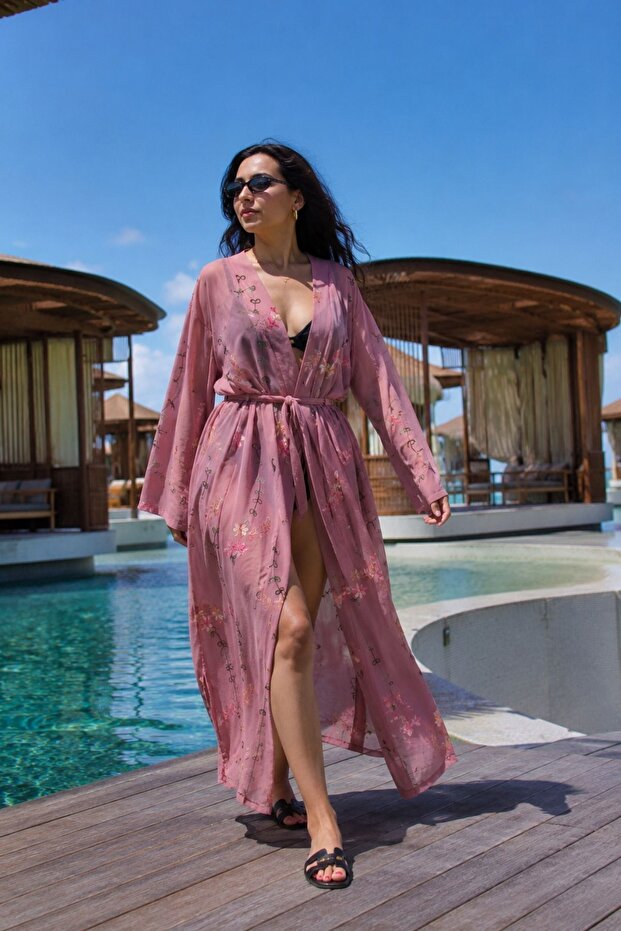 Women's Dusty Rose Chiffon Kimono with Belt and Side Slits Arm-26Y001136
