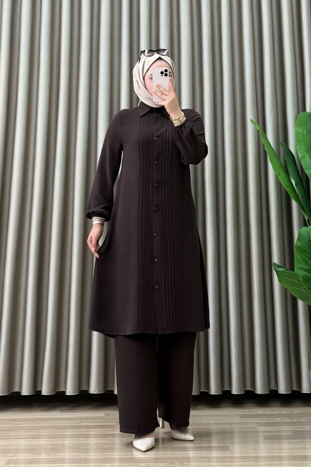 Efi̇l Pants Suit Ayrobin Fabric Women's Brown Stitched Pleated Detailed Full Length Openable Buttoned Hijab Stylish Two-Piece Suit