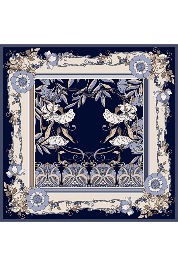 Navy Blue Lily Flower Patterned Twill Silk Scarf