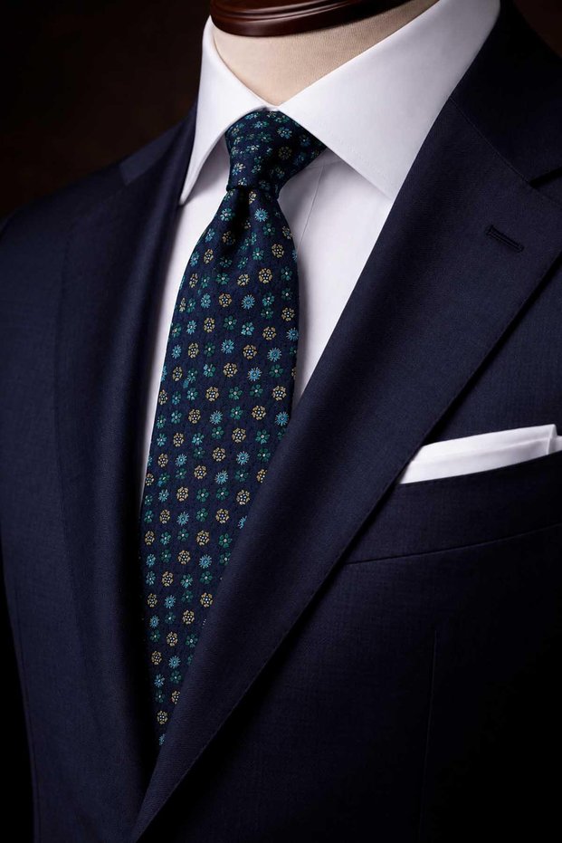 Navy Blue Floral Pattern Italian Silk Tie İk2494