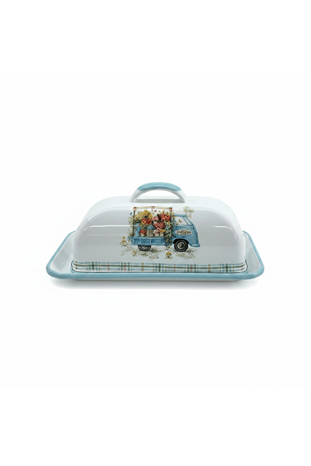 White Enamel Cheese Tray with Lid – Vintage Flower Truck Design - 18×12 cm