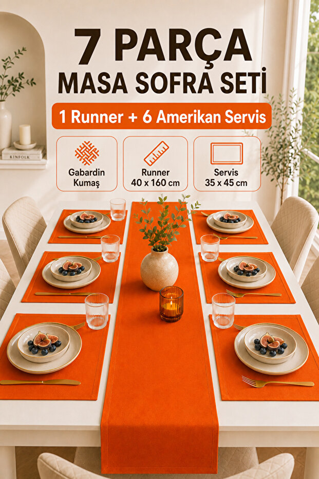 7 Piece Tableware Set Gabardine Fabric Orange Runner 40X160 cm 6 Placemats 35X45 cm