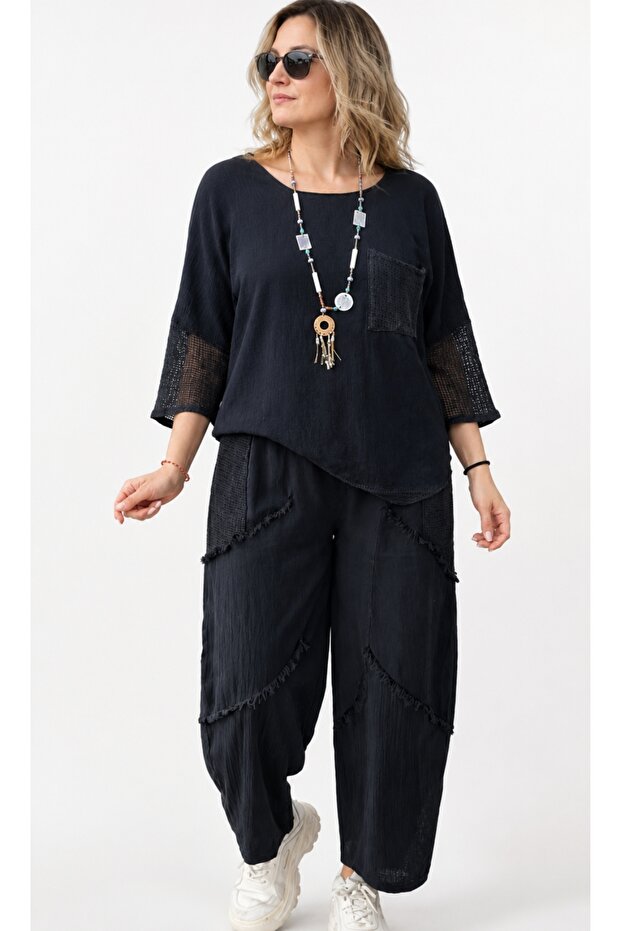 Linen Mesh Pocket Blouse and Linen Tassel Trousers Combination. the Blouse Fits Standard Sizes 38-46.