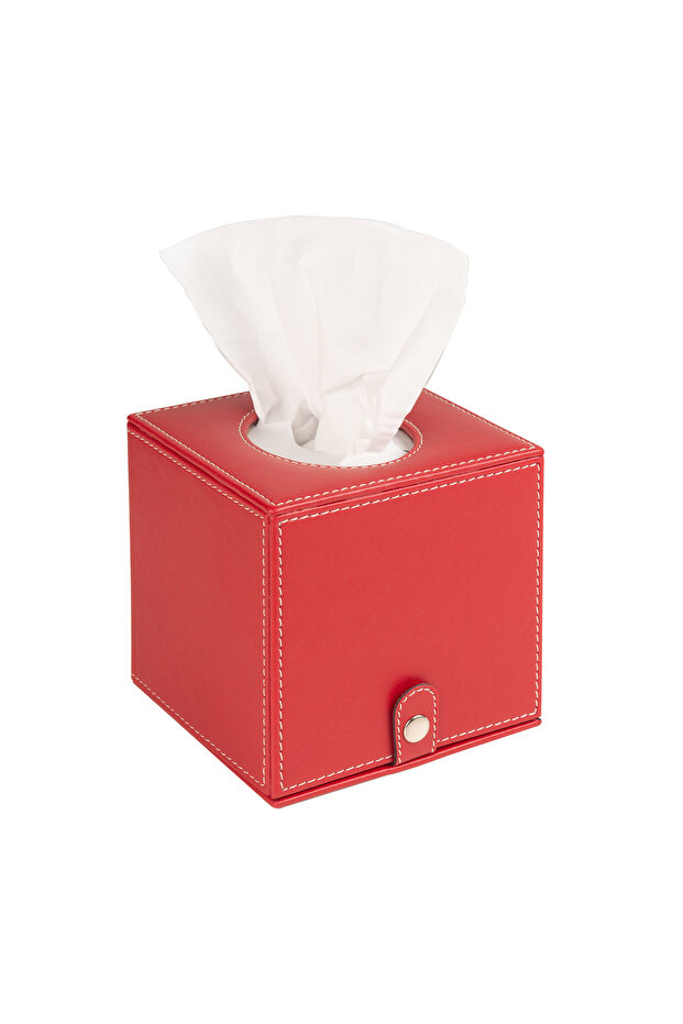 Napkin Holder, Boutique Tissue Box, Tissue Paper Storage Box, Vegan Leather, 13*13*13 Cm. Red