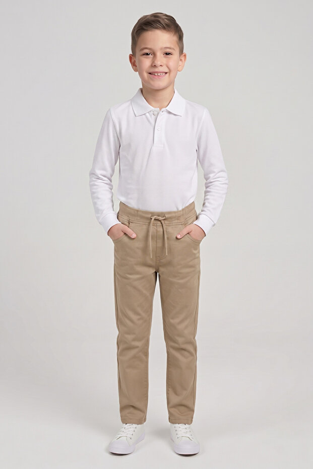 Boys' White Long Sleeve Polo Collar T-Shirt Beige Ribbed Waist Canvas School Pants Bottom Top Set School Outfit