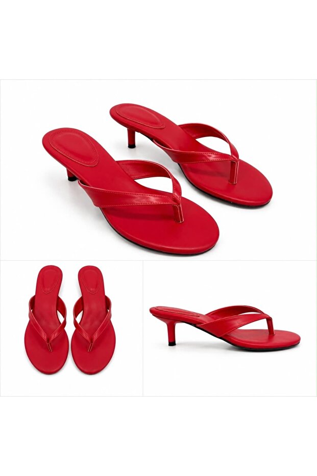Women's Red Thin Strap Low Heel Flip Flops Velaj