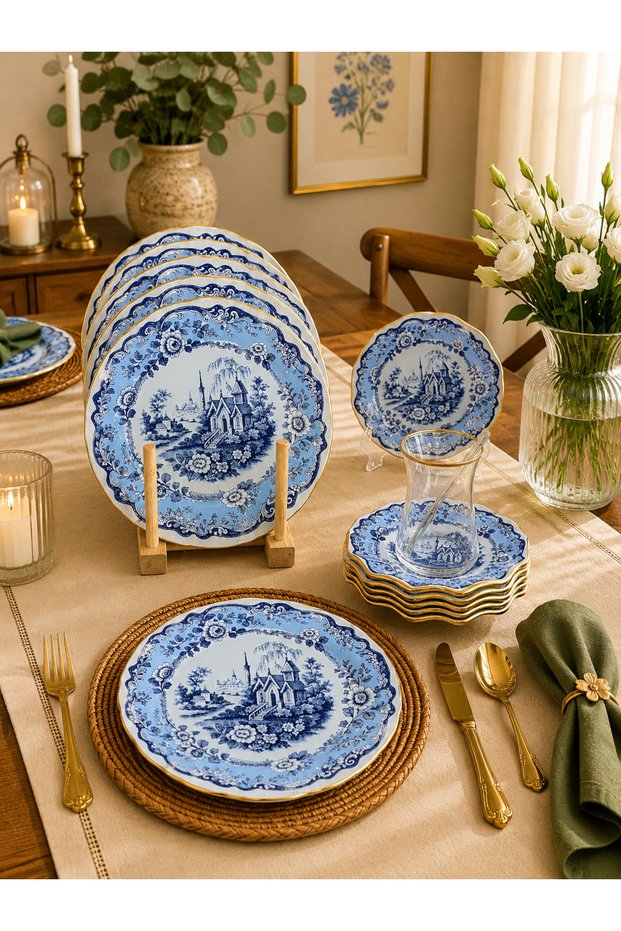 Churchil Blue Gold Gilded 24 Piece Glass Tea Set for 6 People