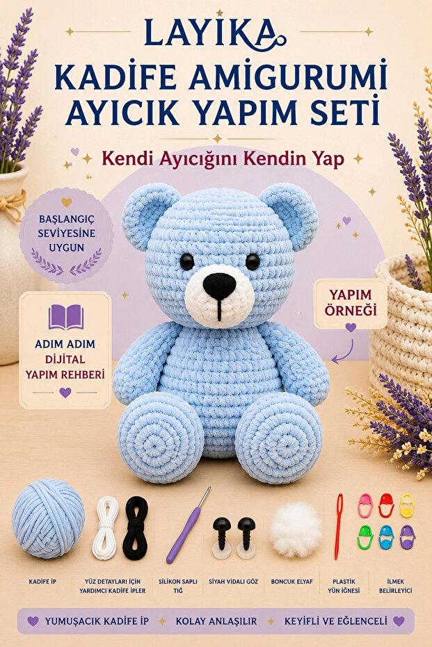 Velvet Teddy Bear Knitting Kit – Beginner Amigurumi Making Set with Digital Video Guide Set-A04