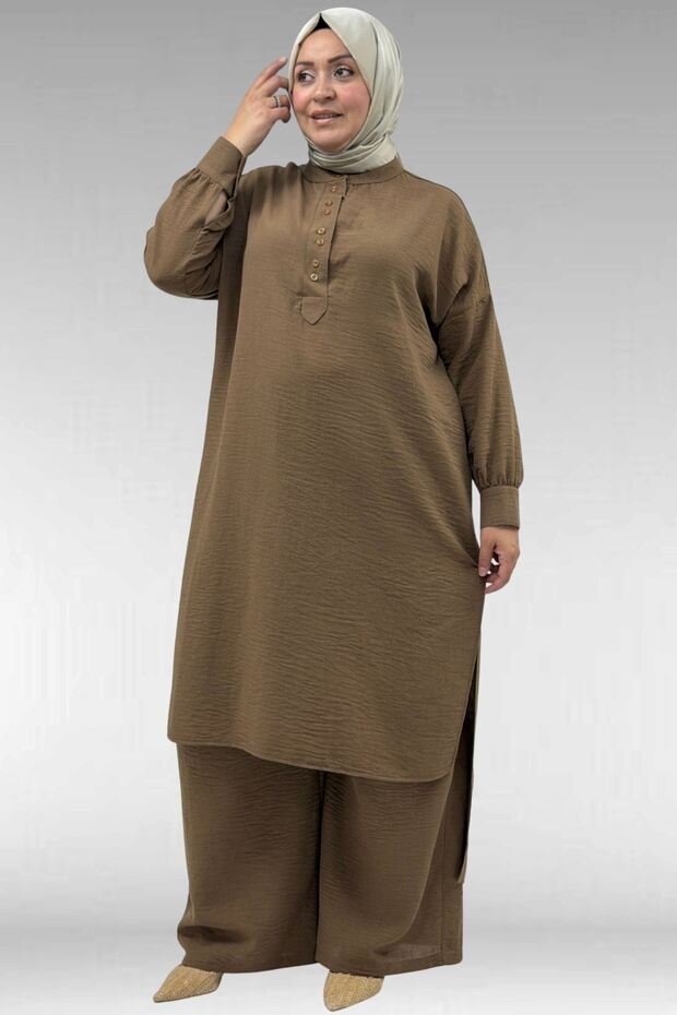 57029 Plus Size Half-Patch Slit Pants Suit - Tan