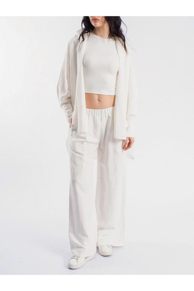 Linen Detachable Hooded Buttoned Oversize Women's Shirt & Linen Side Pocket Elastic Waist at the Back Loose Fit Women's Trousers Two-Piece Set