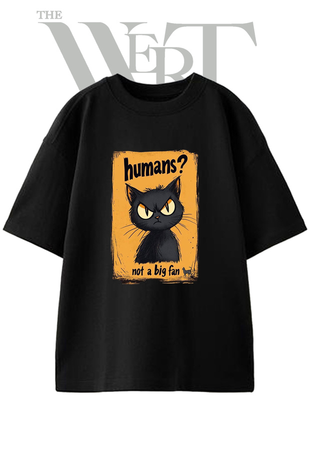تي شيرت أسود كبير الحجم مطبوع بتصميم Angry Cat للجنسين