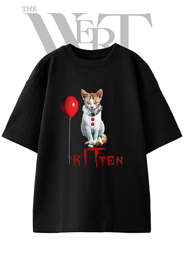 تي شيرت أسود كبير الحجم مطبوع بتصميم It Kitten للجنسين