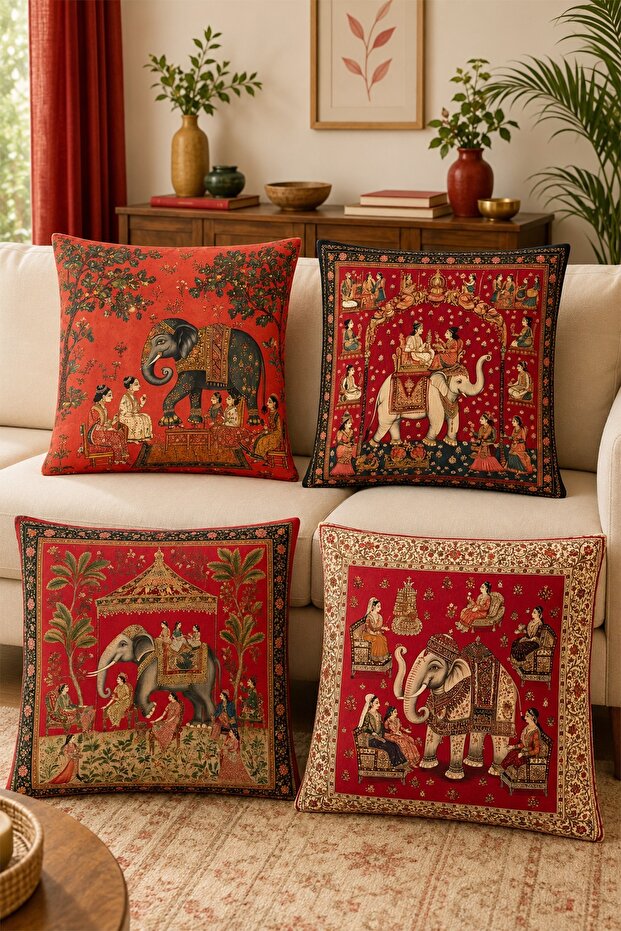 Red Ethnic India Elephants Patterned Set of 4 Throw Pillow Covers